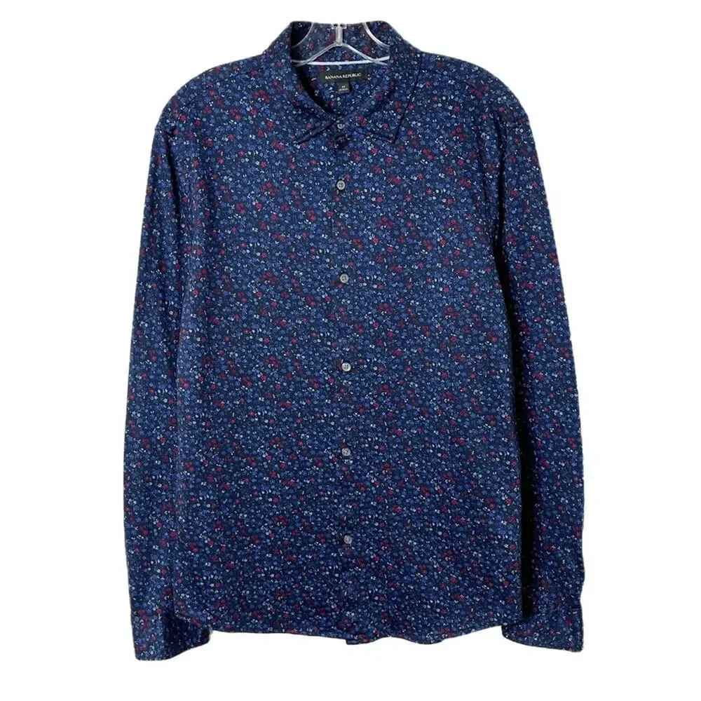 Banana Republic Men's Button Up Shirt M Blue Floral Long Sleeve Performance Knit